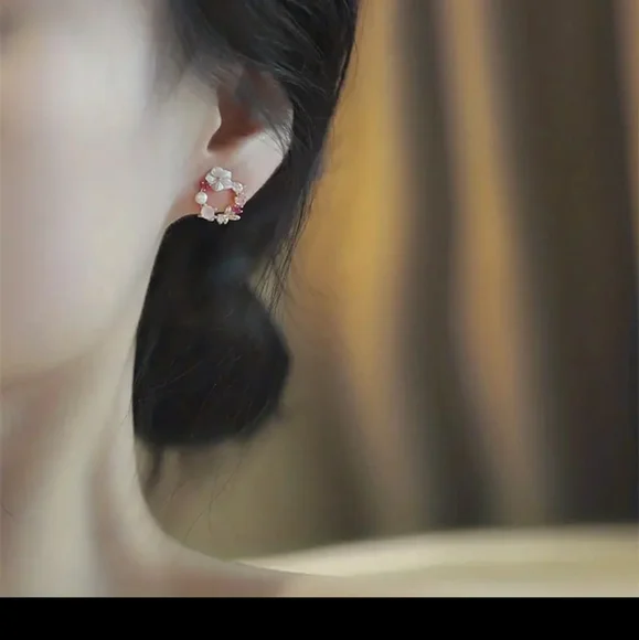 Cherry Blossom & Zircon Butterfly Stud Earrings. - Picture 5 of 6